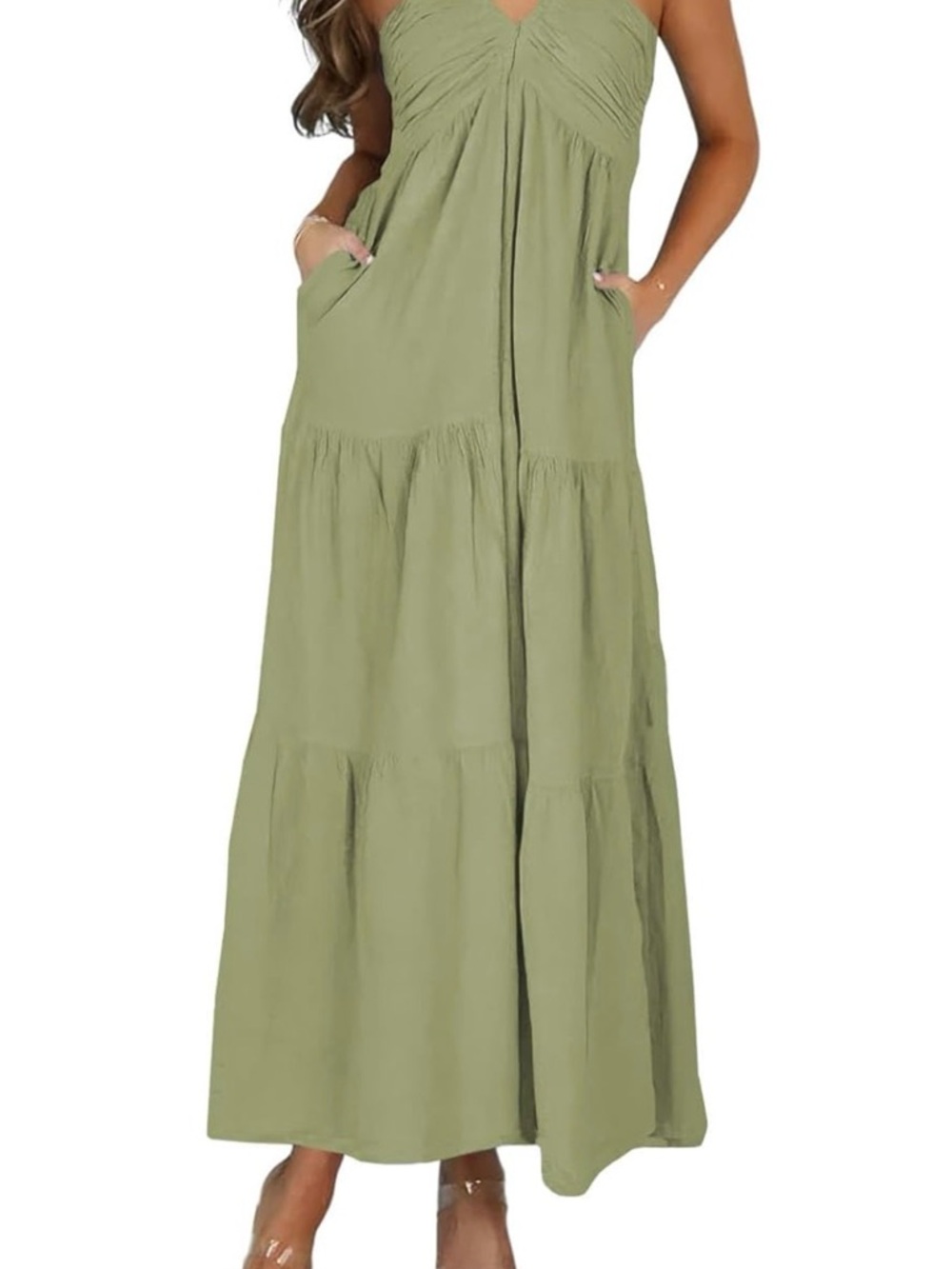 Medium olive Green Tiered Maxi Dress with Spaghetti Straps and Pockets